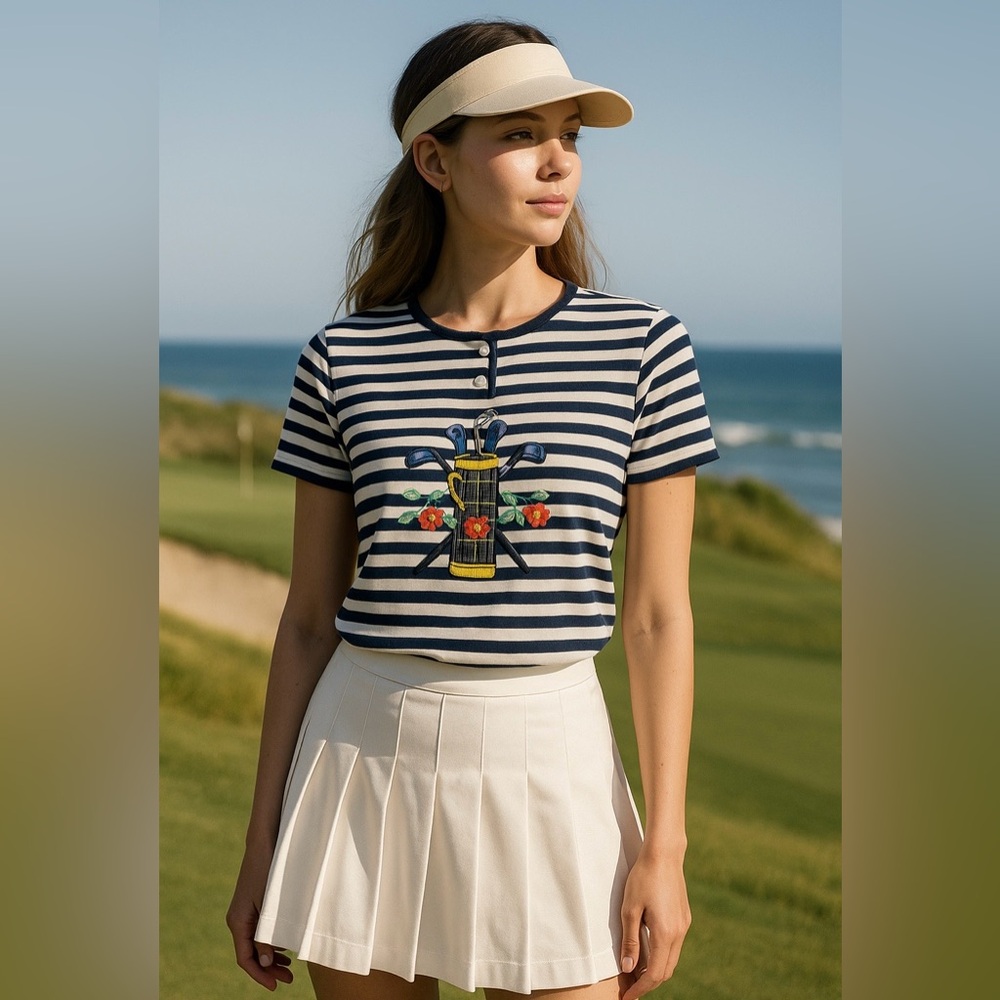 Karen Scott Striped Golf Embroidered Tee | Navy & White Nautical Preppy Top (L)